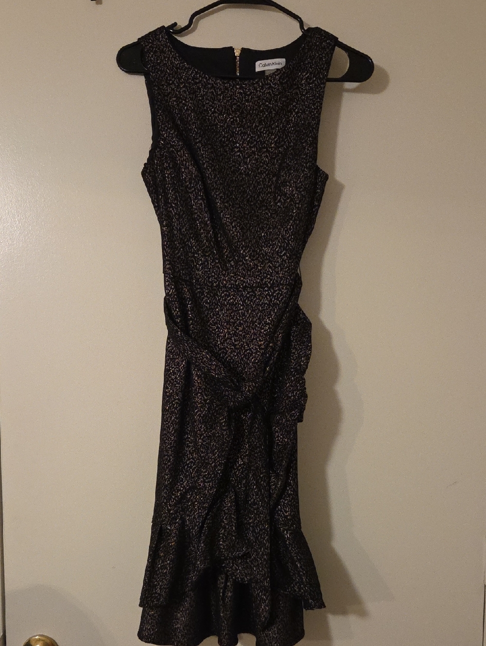 Calvin Klein Black Metallic Midi Sheath with Ruffle Hem Detail